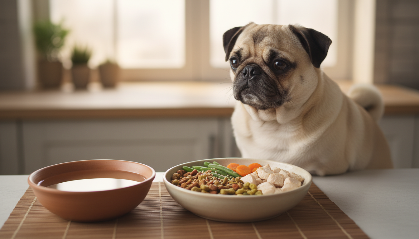 一碗為巴哥犬準備的均衡狗糧，旁邊有水碗