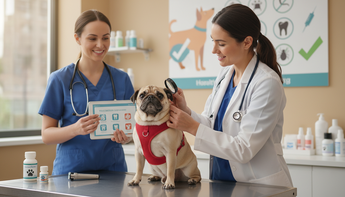 獸醫正在為巴哥犬進行健康檢查，強調疾病預防