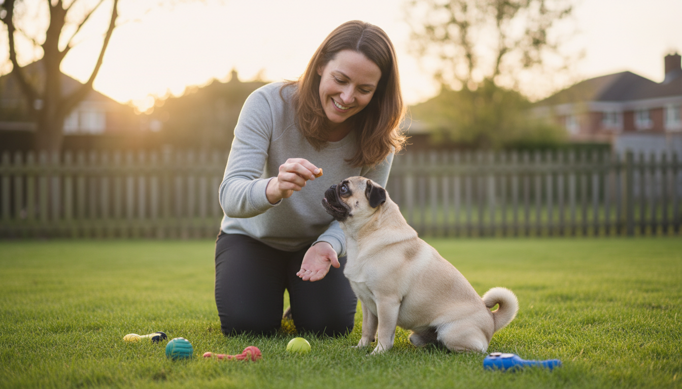 飼主正在用積極獎勵訓練巴哥犬，狗狗表現出配合