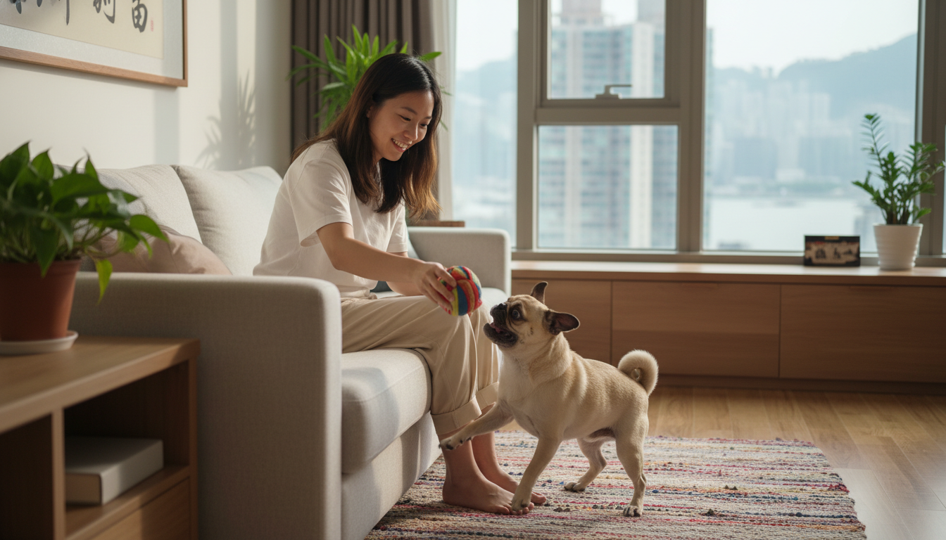 一隻快樂健康的巴哥犬與主人在香港的居家環境中互動