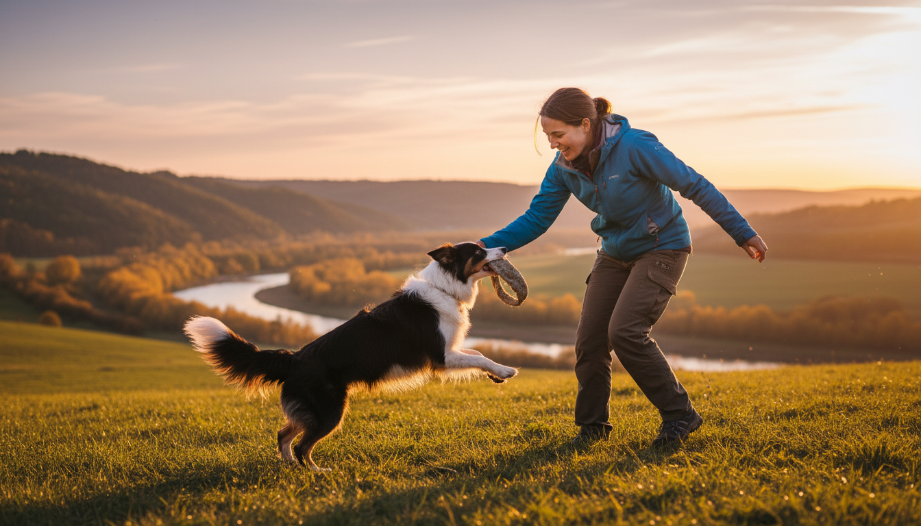 邊境牧羊犬與主人互動，展示其忠誠與活力的場景