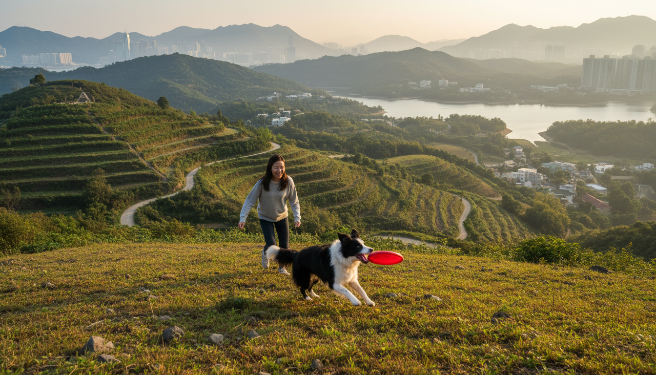 一隻快樂的邊境牧羊犬與主人在香港郊外玩耍，展示其與環境的和諧