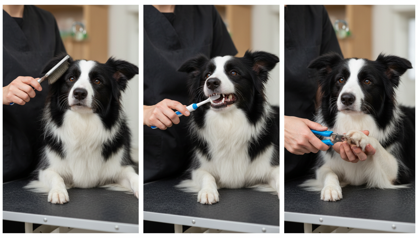 為邊境牧羊犬進行日常護理的正確方法，包括梳毛、刷牙和剪指甲