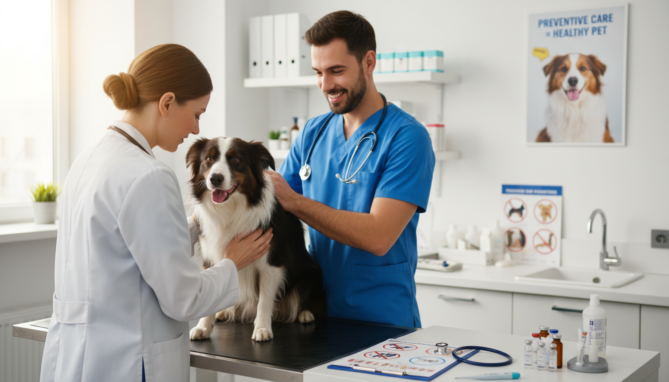 獸醫正在為邊境牧羊犬進行健康檢查，展示預防疾病的重要性