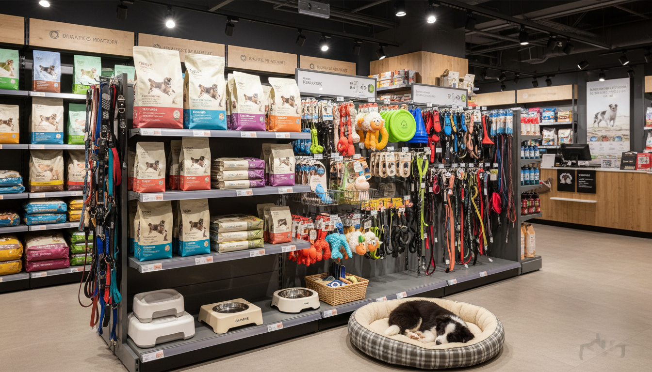 香港寵物用品店內邊境牧羊犬的用品和食物展示
