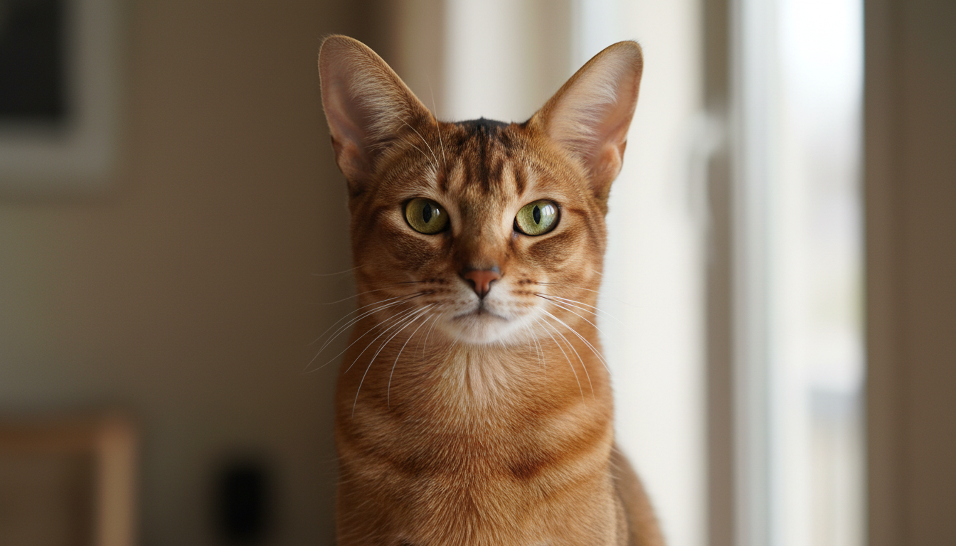 阿比西尼亞貓的典型外觀特徵展示，包括其虎斑紋毛色和杏仁狀眼睛