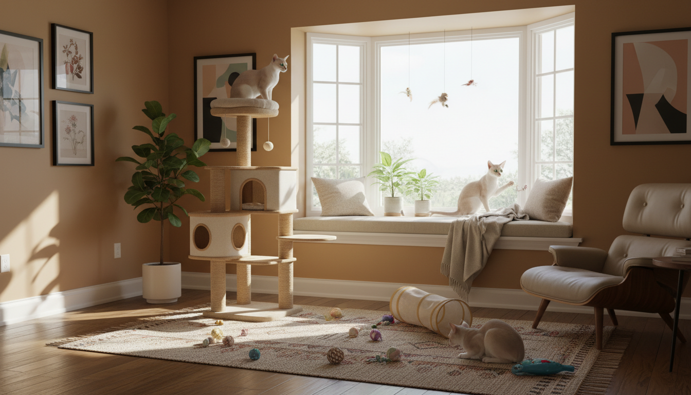 適合阿比西尼亞貓的理想家居環境設置，包括貓樹、窗台和各種玩具