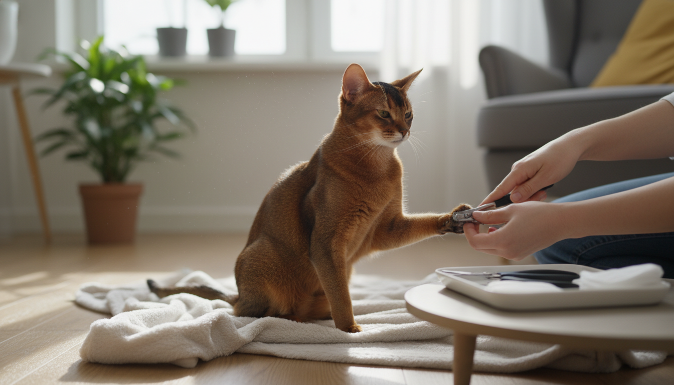為阿比西尼亞貓進行日常護理的正確方法，包括梳毛 and 修剪指甲