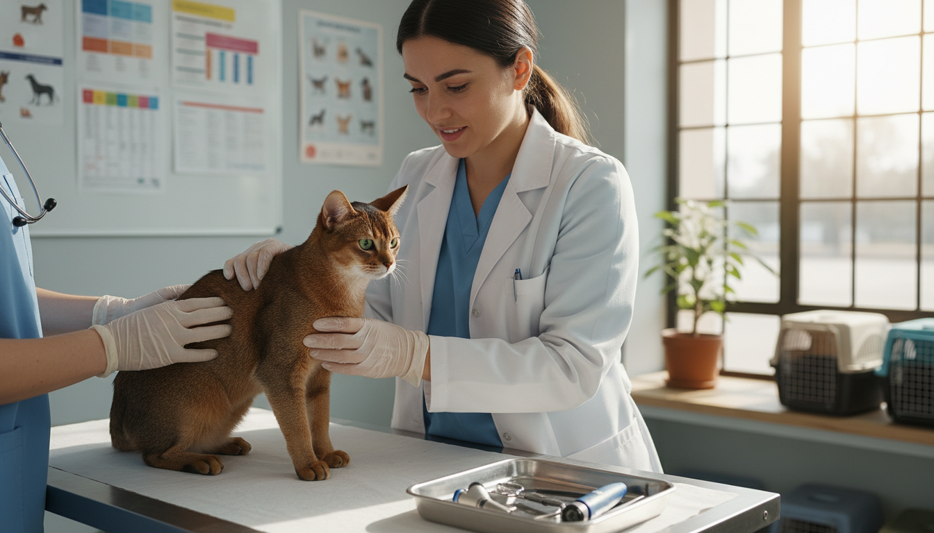 獸醫正在為阿比西尼亞貓進行年度健康檢查