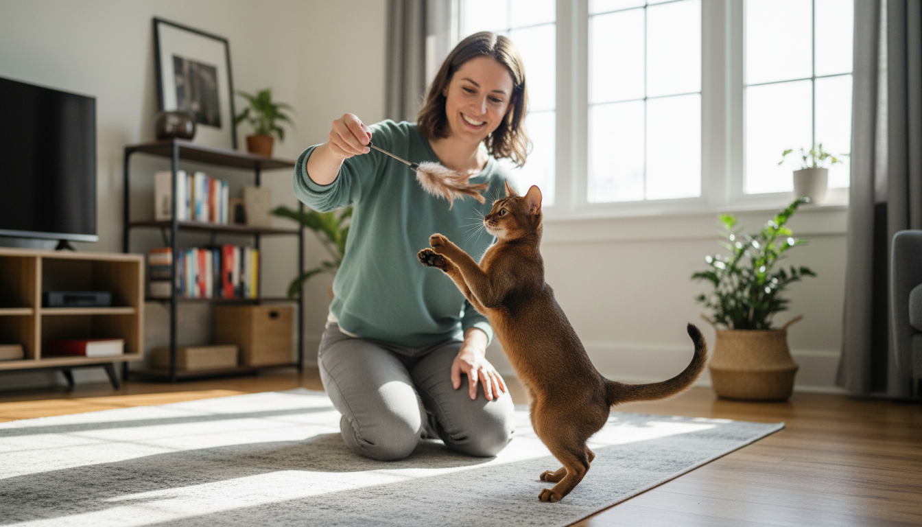 飼主正在使用逗貓棒與阿比西尼亞貓進行互動訓練