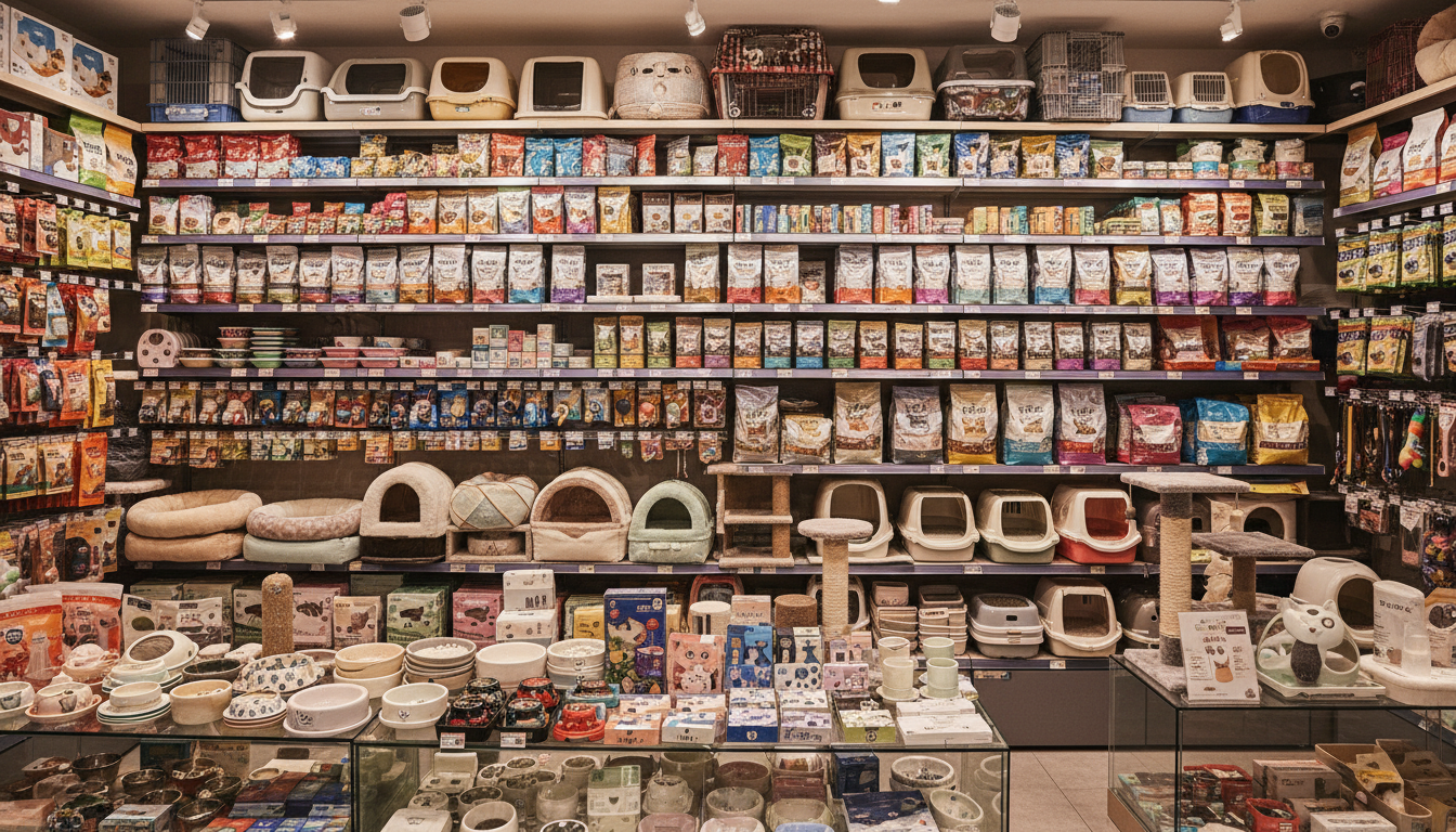 香港寵物店內展示的各種貓咪用品和貓糧