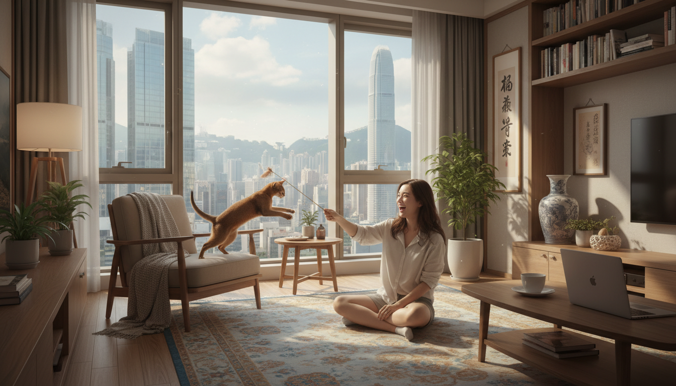 一隻阿比西尼亞貓與飼主在香港家中愉快互動的場景