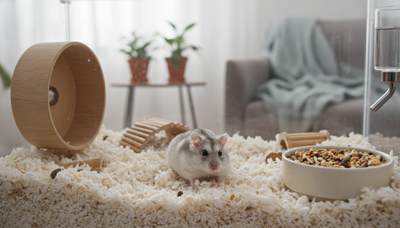 一隻健康的關東銀霜倉鼠在清潔的籠子中玩耍