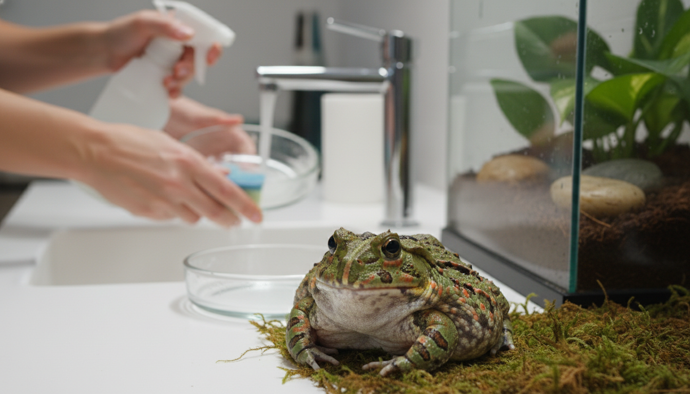為綠色角蛙進行日常護理的正確方法，例如清潔水盆