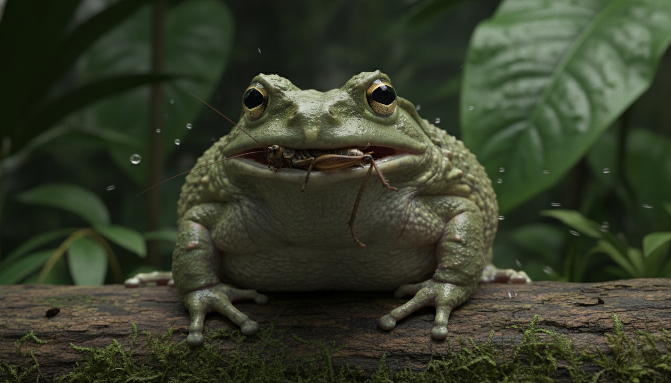 綠色角蛙正在捕食蟋蟀的瞬間