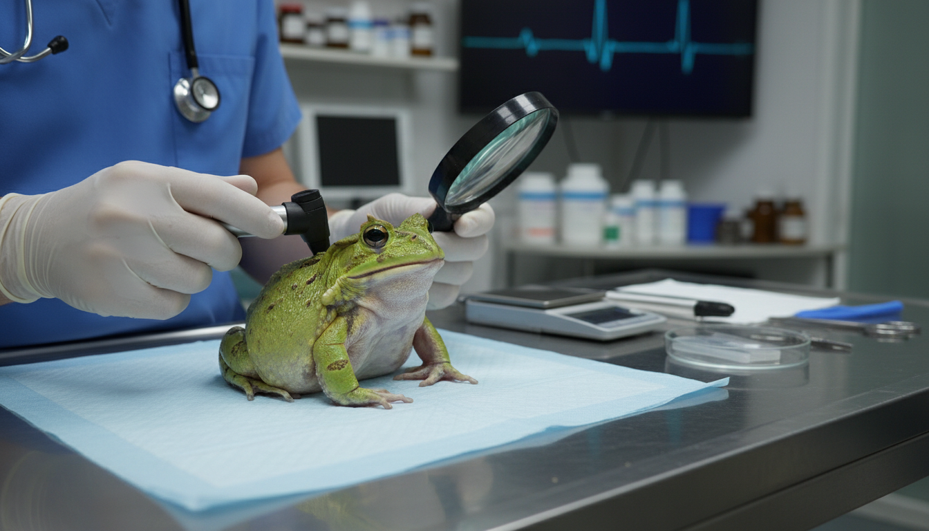 獸醫正在檢查綠色角蛙的健康狀況