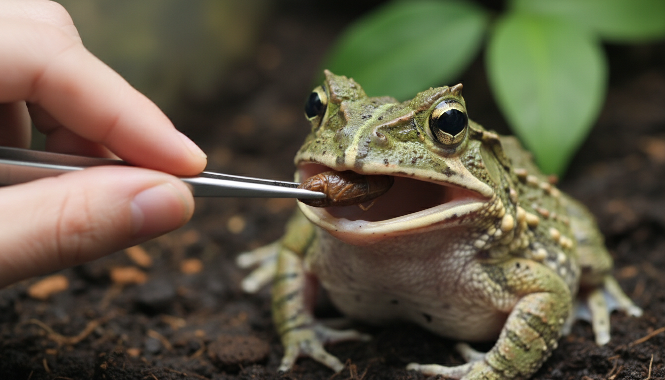 飼主使用鑷子輕柔地餵食綠色角蛙