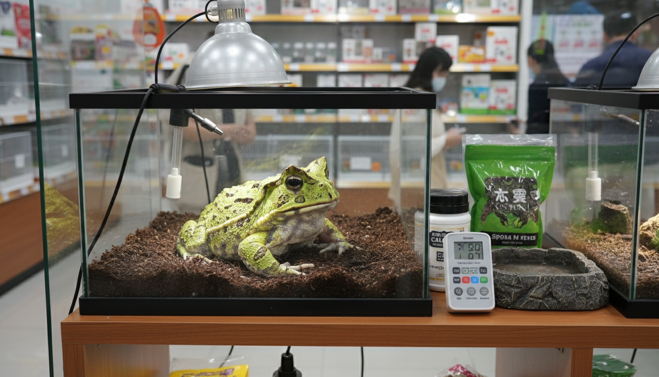 香港寵物店內展示的綠色角蛙及飼養設備