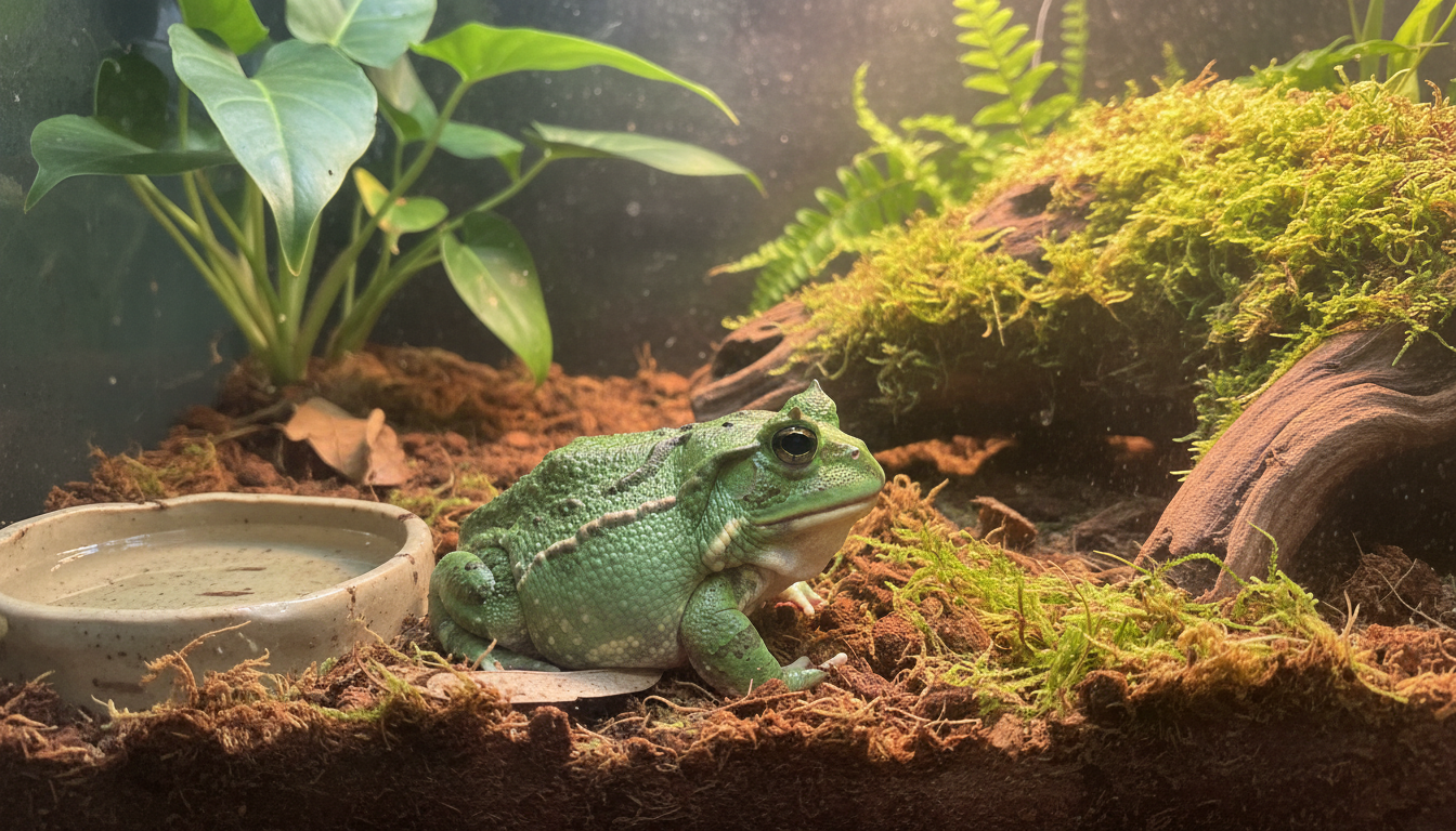 一隻健康的綠色角蛙在舒適的飼養環境中