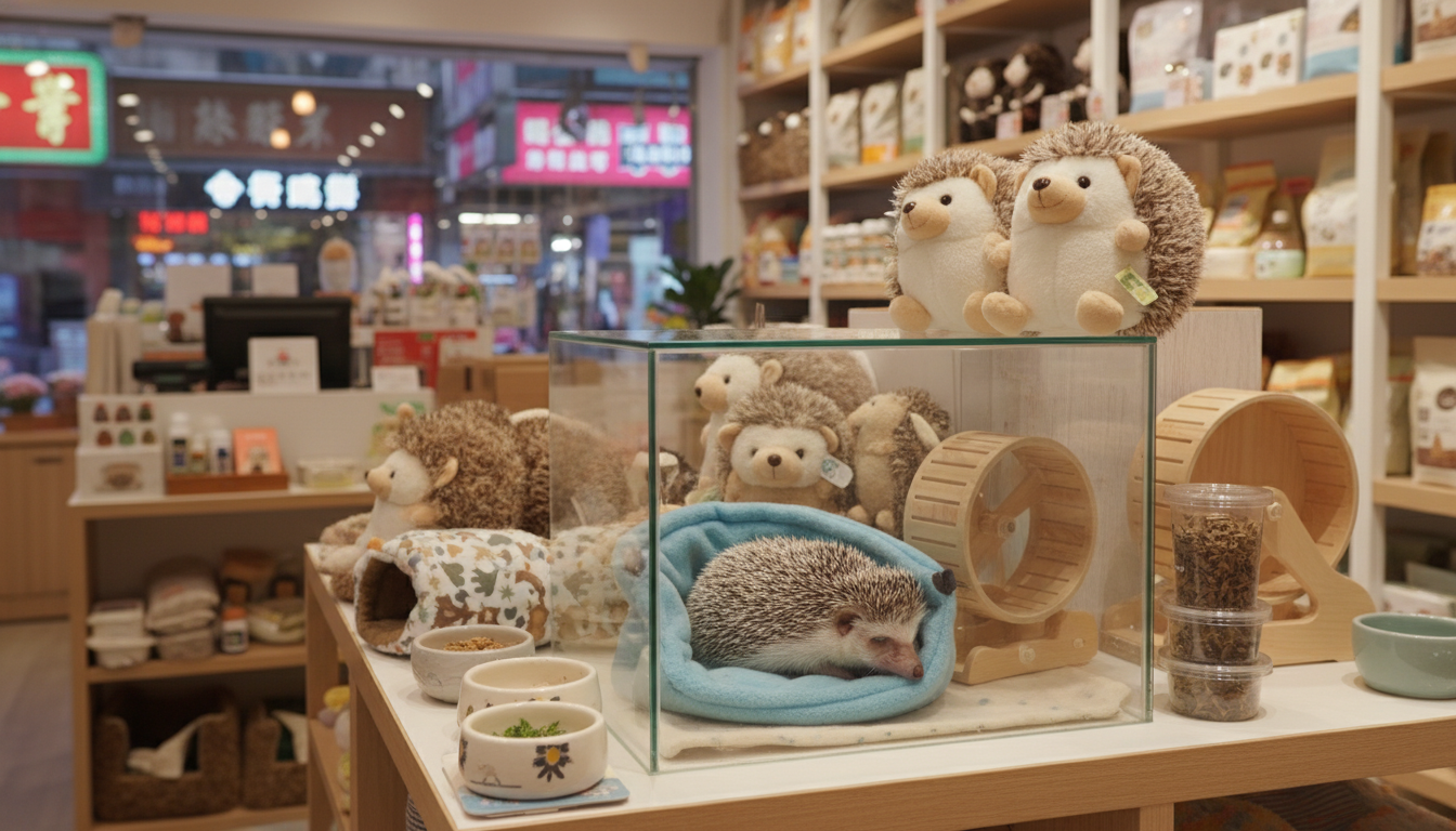 香港寵物店內展示的標準色刺蝟和其周邊商品