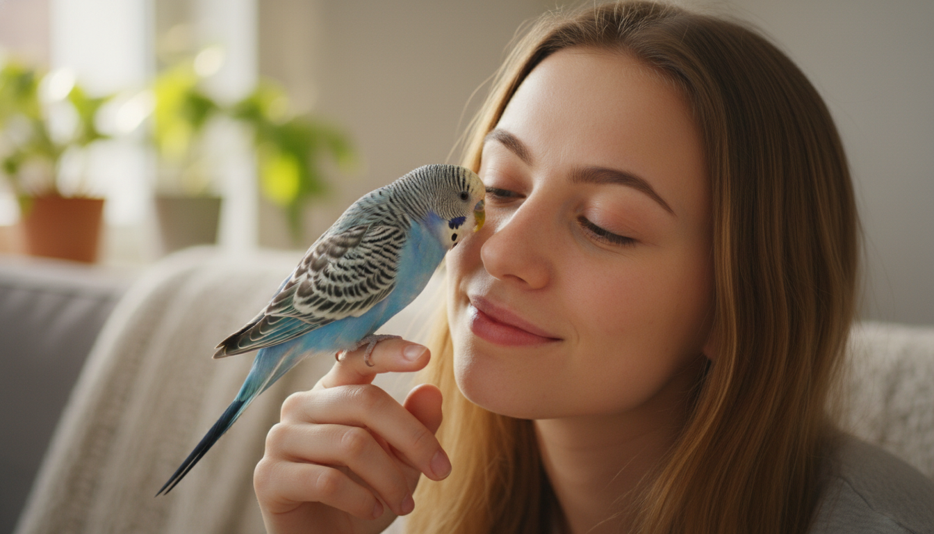 天空藍虎皮鸚鵡與人類親密互動的溫馨畫面