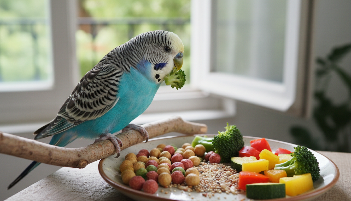 天空藍虎皮鸚鵡享用均衡飲食的畫面，包含滋養丸、新鮮蔬果和少量種子