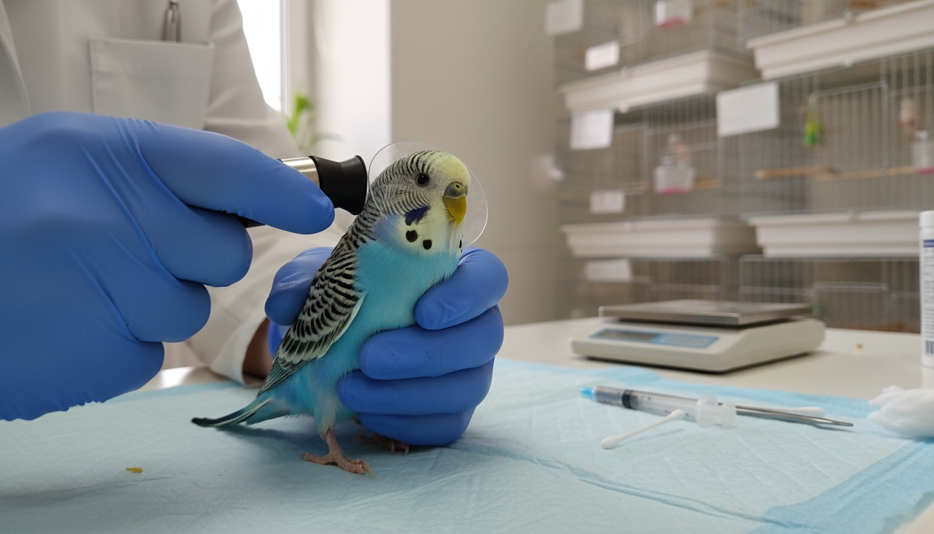 獸醫正在為天空藍虎皮鸚鵡進行健康檢查