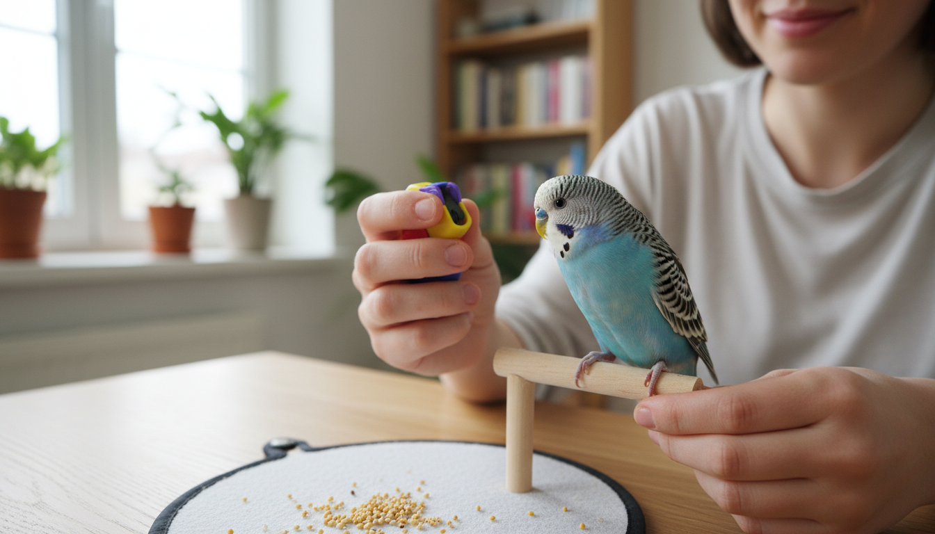 飼主正在耐心訓練天空藍虎皮鸚鵡學習新指令