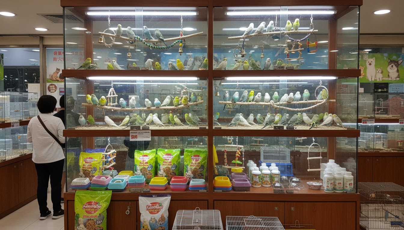 香港寵物店內展示的虎皮鸚鵡及其飼養用品