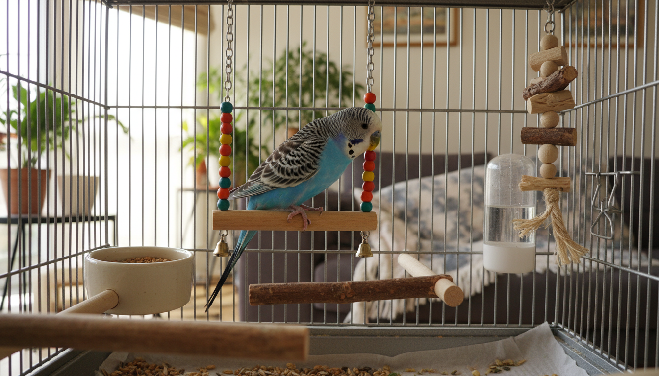 一隻健康快樂的天空藍虎皮鸚鵡在舒適的籠中玩耍