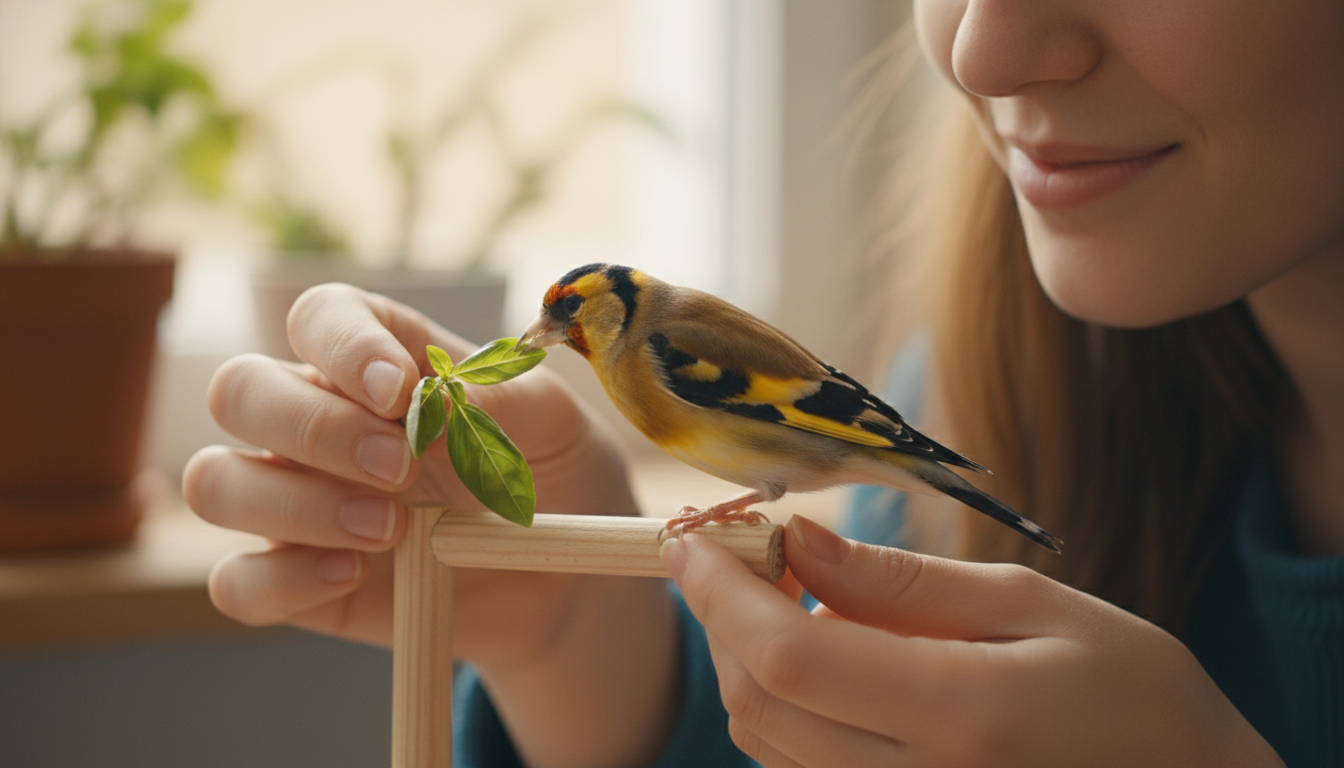飼主與羅勒金絲雀進行溫和互動的場景