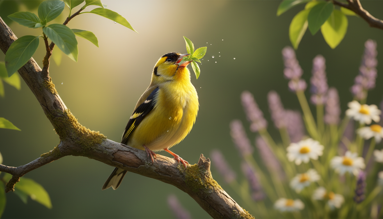 一隻羅勒金絲雀在陽光下歌唱，展現其優雅姿態