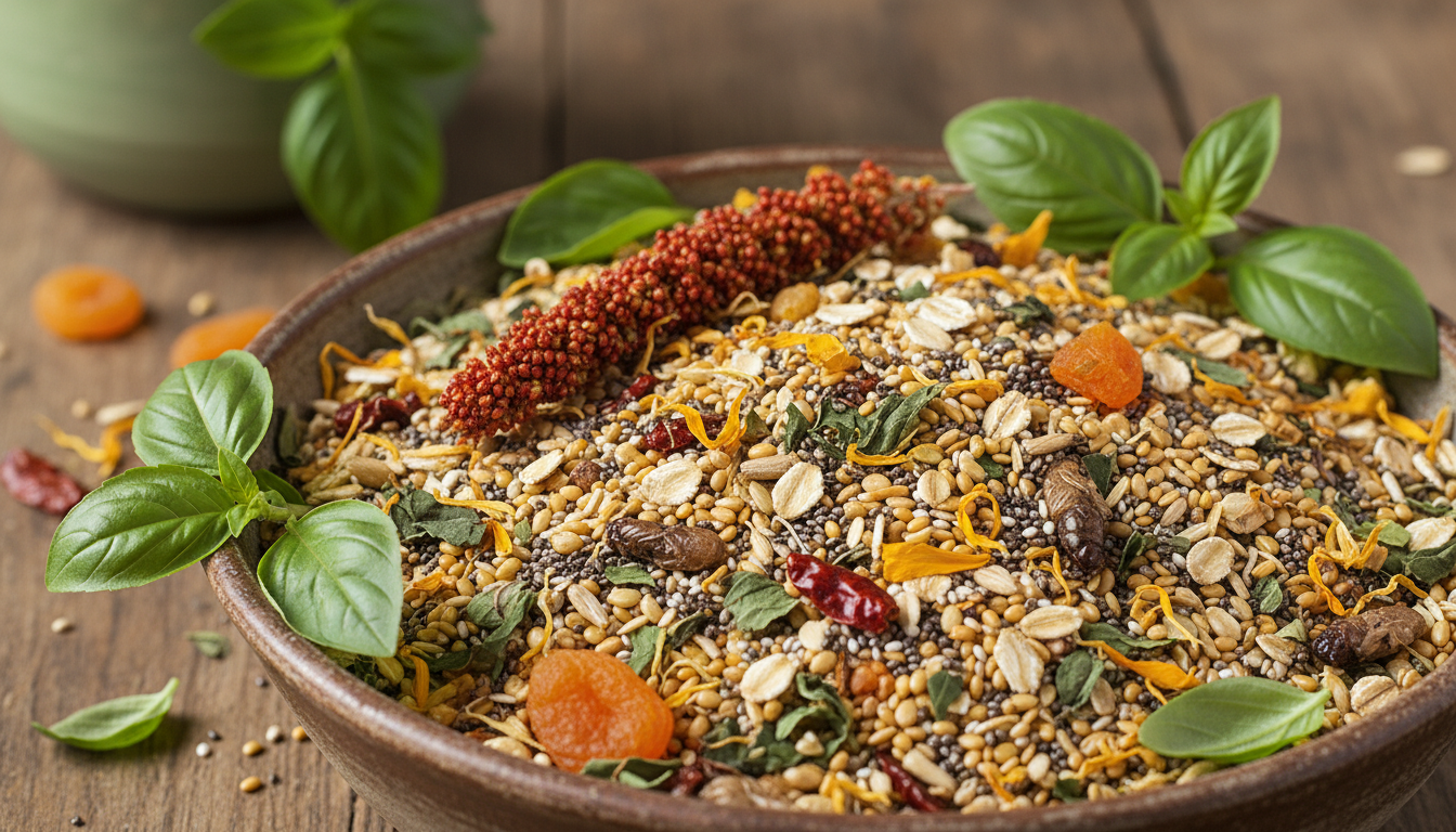 羅勒金絲雀健康飲食的多樣化食物組合