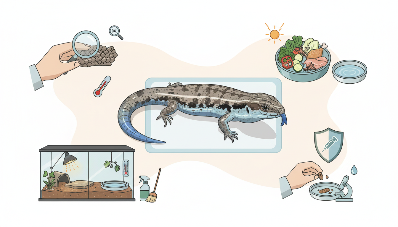 東方藍舌石龍子健康檢查與疾病預防示意圖