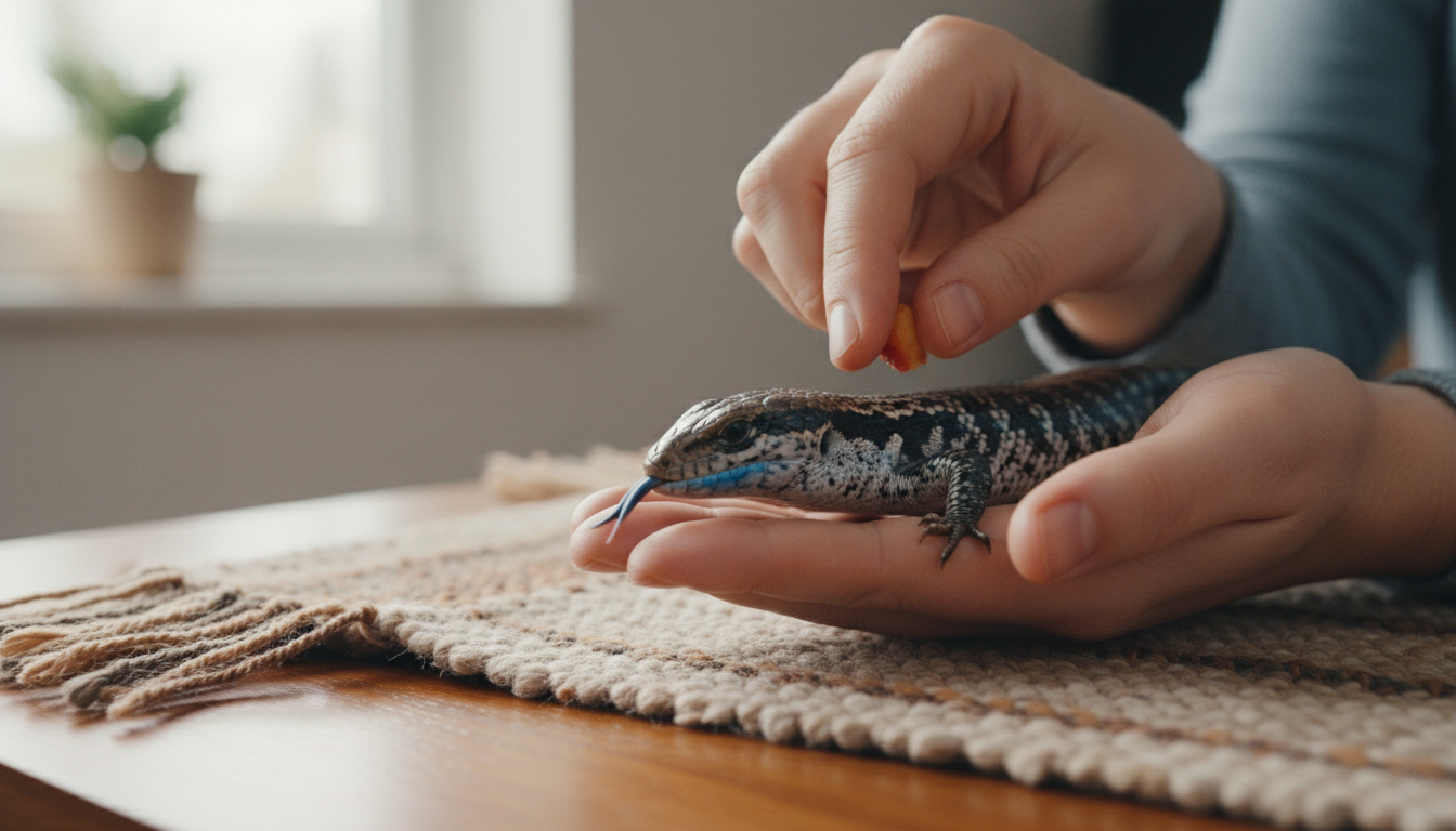 飼主正在與東方藍舌石龍子進行溫和的互動訓練
