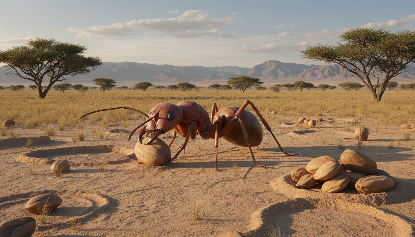 巨型收割蟻在自然環境中收集種子的情景