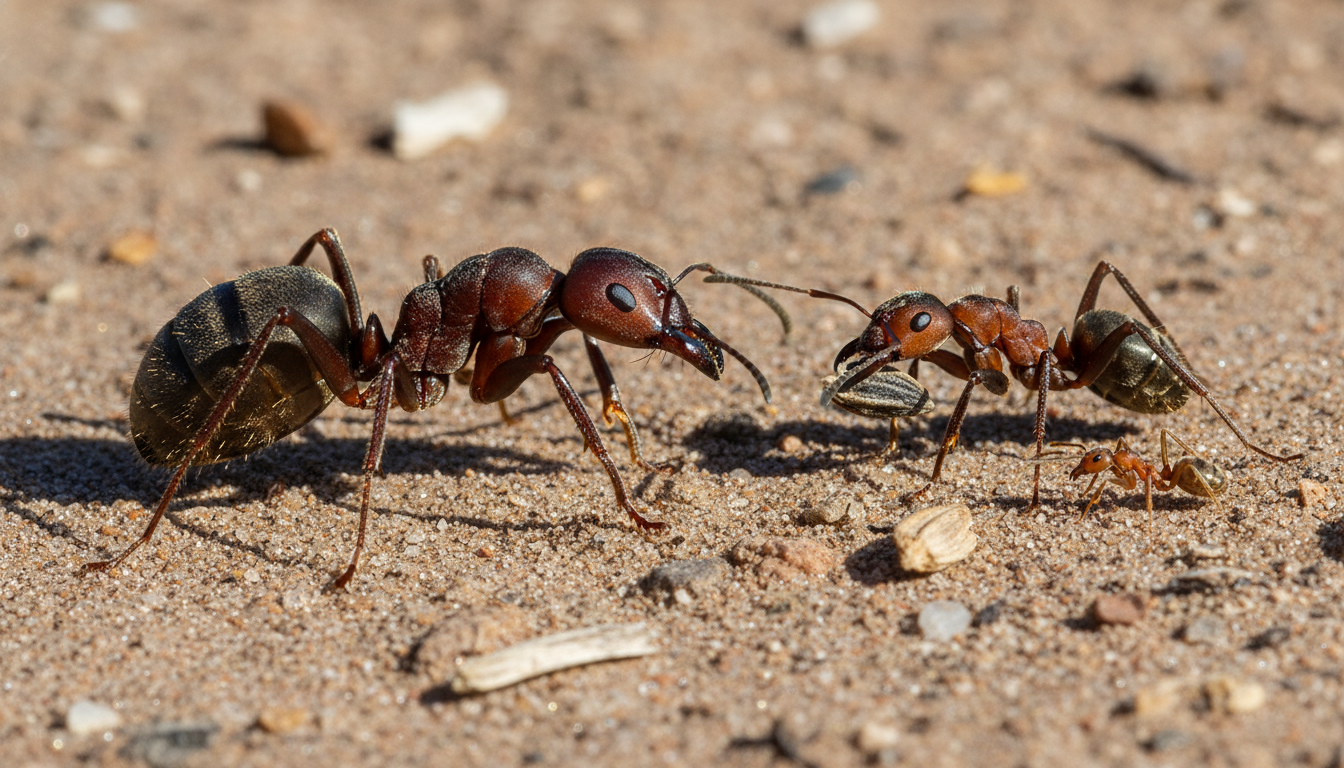 巨型收割蟻蟻后與不同體型工蟻的對比圖