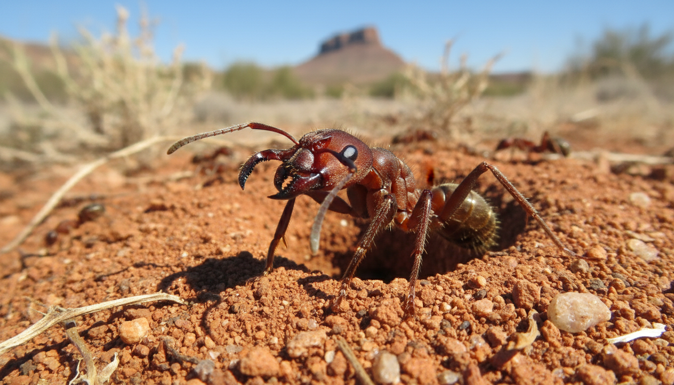 巨型收割蟻兵蟻展示其強壯的顎部以保衛巢穴