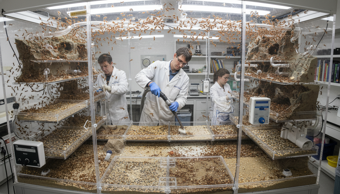 飼主正在清潔巨型收割蟻活動區的示意圖