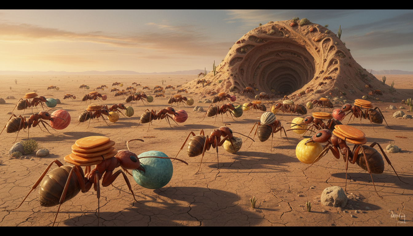 巨型收割蟻正在搬運各種種子到巢穴