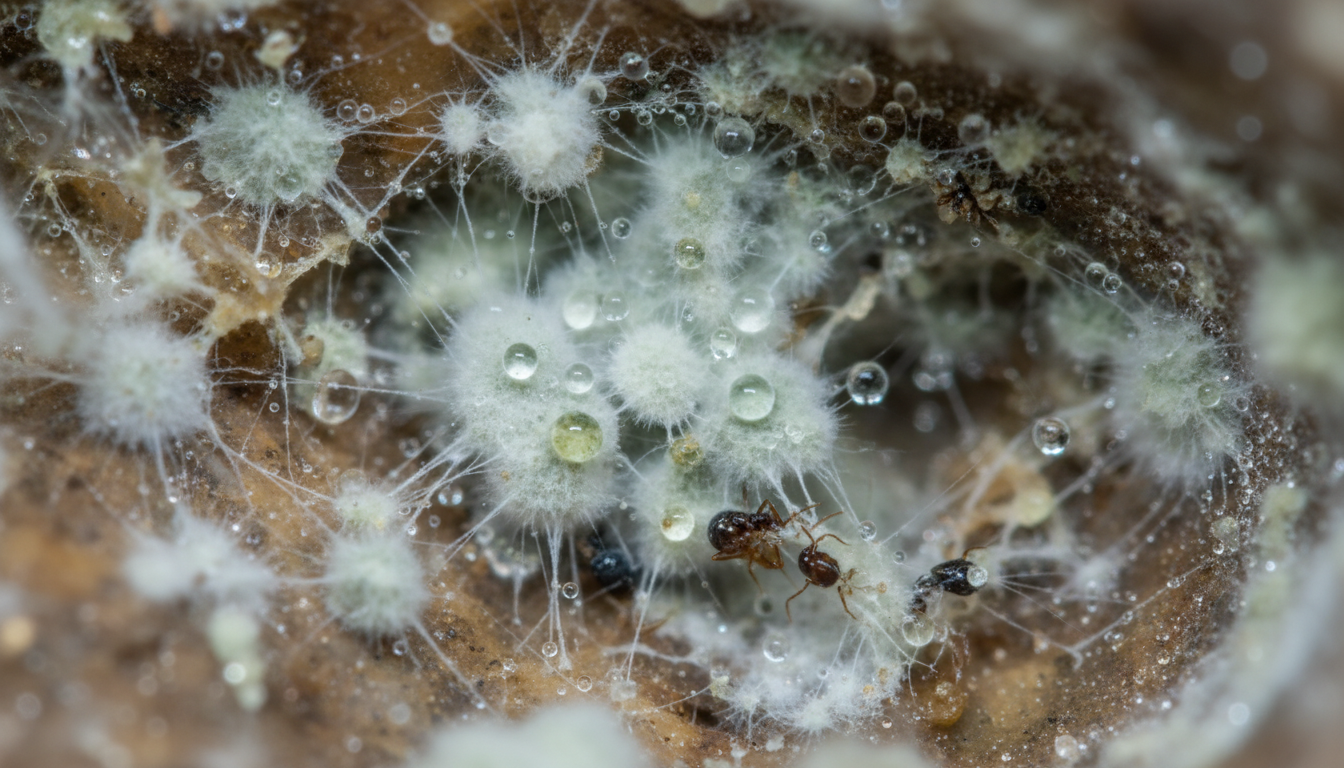 蟻巢中因濕度過高而滋生黴菌的特寫鏡頭