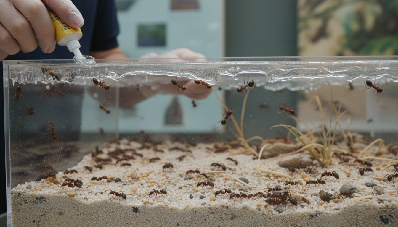 飼主在活動區邊緣塗抹防逃液以防止巨型收割蟻逃逸