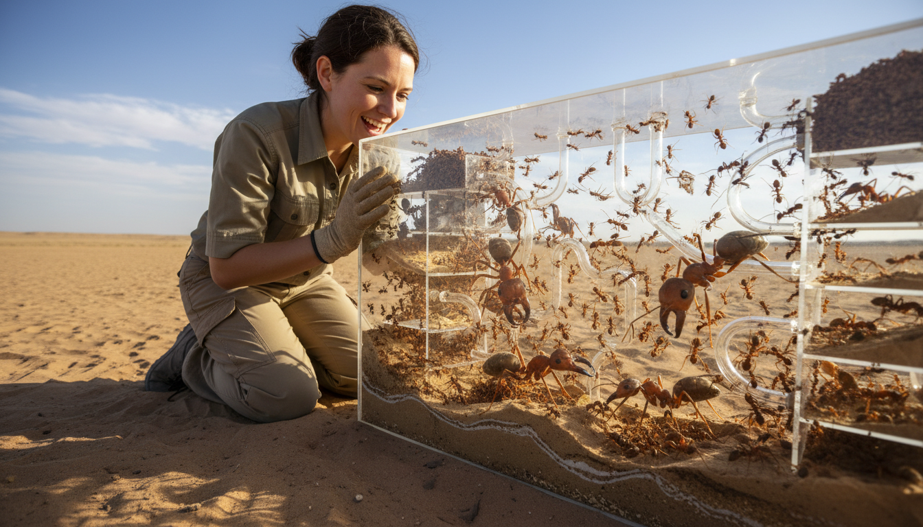飼主正在愉快地觀察巨型收割蟻蟻群的日常活動