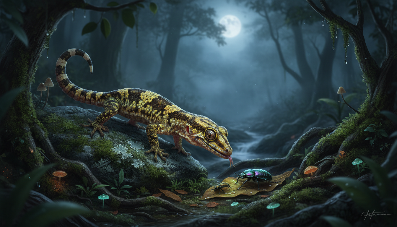 加那斯金緣守宮在夜間活動和覓食的場景