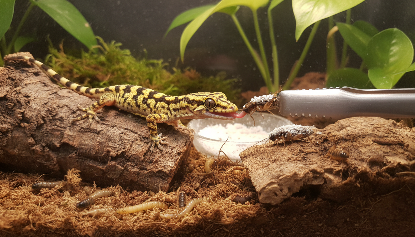 餵食加那斯金緣守宮的活體昆蟲和營養補充劑