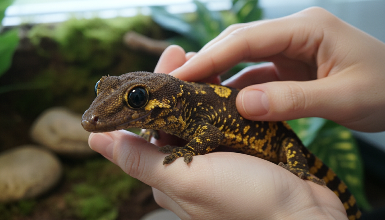 飼主溫柔地手持加那斯金緣守宮進行互動