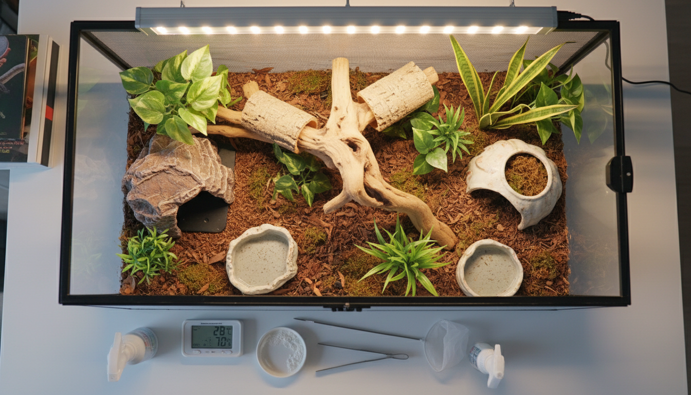 飼養加那斯金緣守宮所需的各種設備和用品