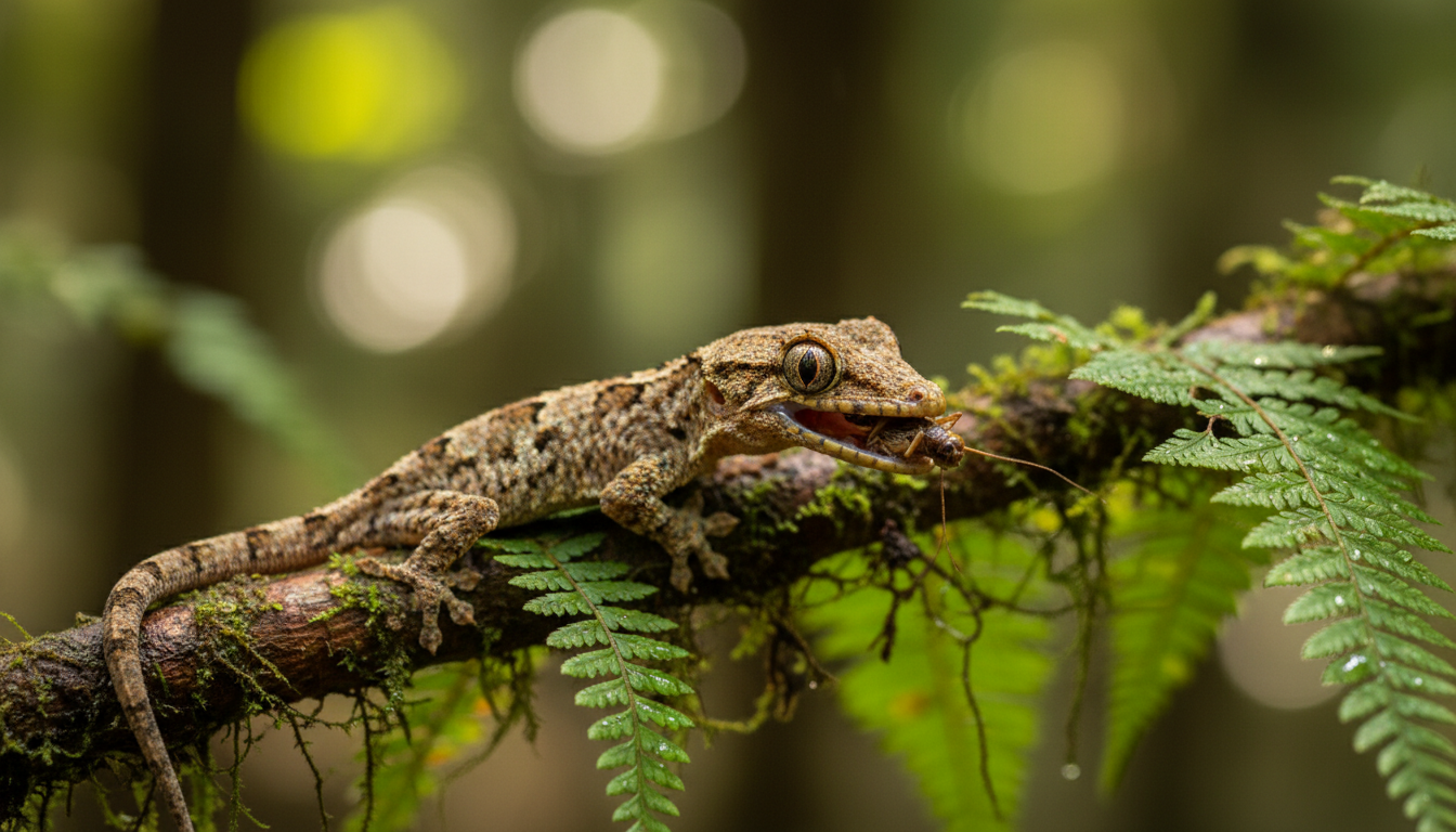 蘭卡風蕨守宮進食活體昆蟲的畫面