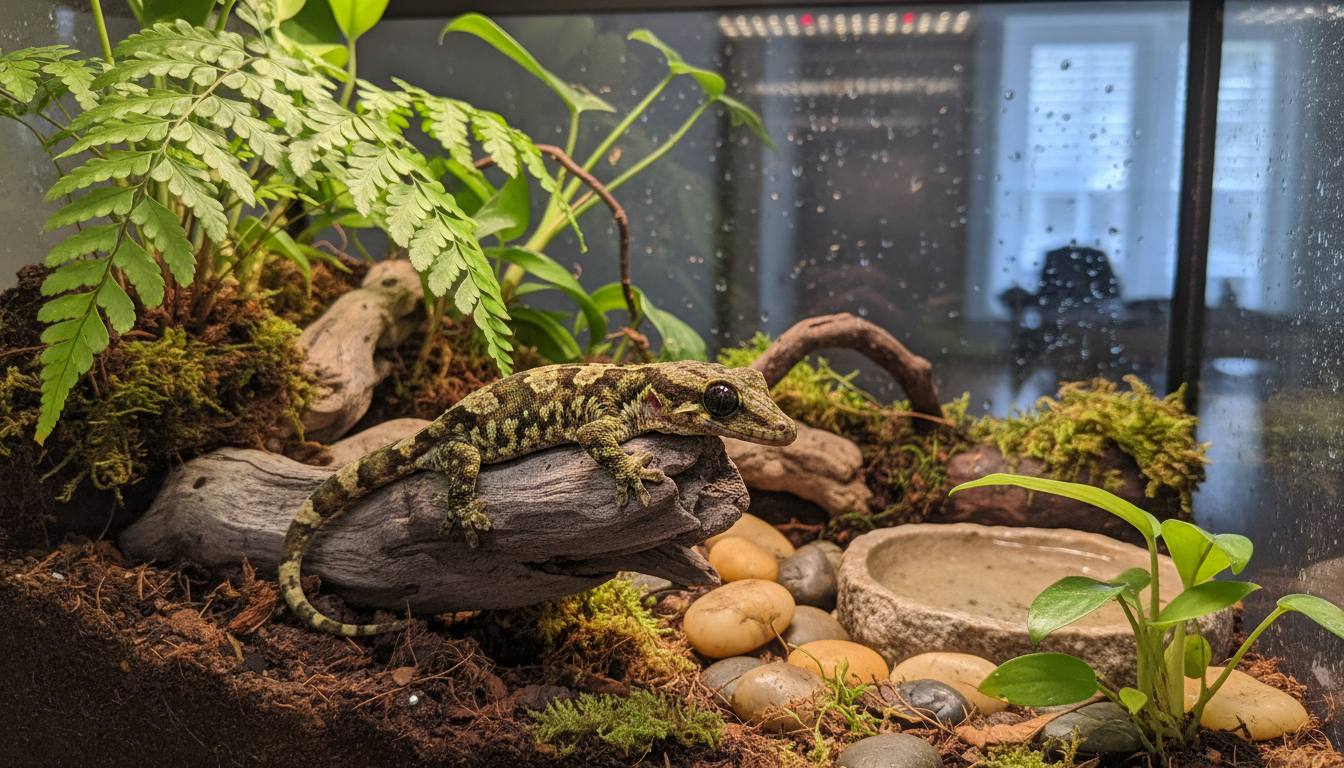 一隻健康的蘭卡風蕨守宮在精心佈置的飼養箱中