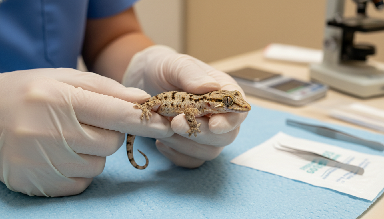 獸醫檢查蘭薩天紋守宮的健康狀況
